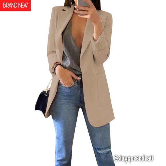 Long Sleeve Lapel Blazer with Pockets Slim Fit Office Jacket